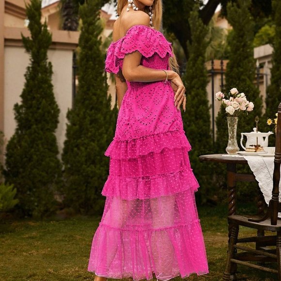 Pink Boho Womens Off Shoulder Ruffle Trim Mesh Overlay Dress - Picture 2 of 5